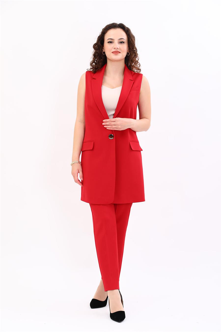 Ceket Yaka Tek Düğmeli Uzun Tesettür Yelek & Lastikli Dar Paça Pantolon Kadın Takım Elbise-Kırmızı Önder Özsoy 1619510 Pantolon Yelek Takım