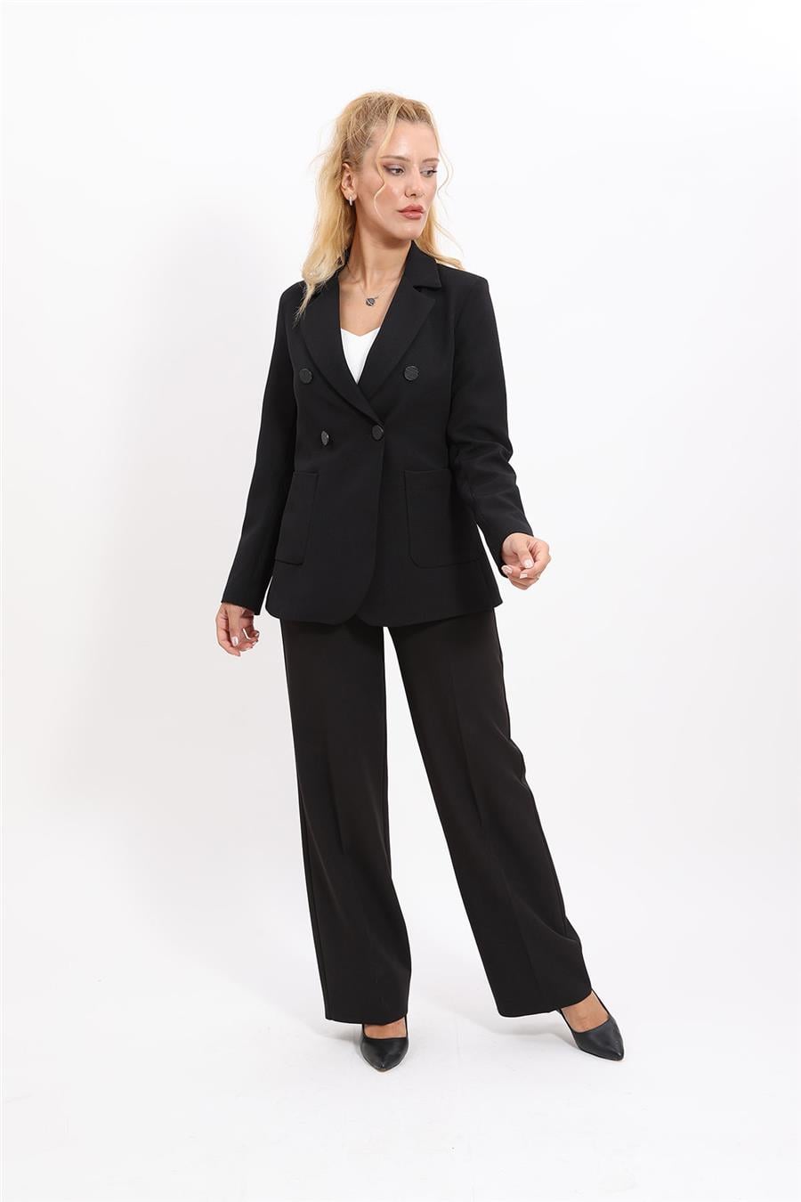Cepli Şık Blazer Ceket &  Bol Paça Pantolon Kadın Takım Elbise-Siyah Önder Özsoy 1162520 Pantolon Ceket Takım