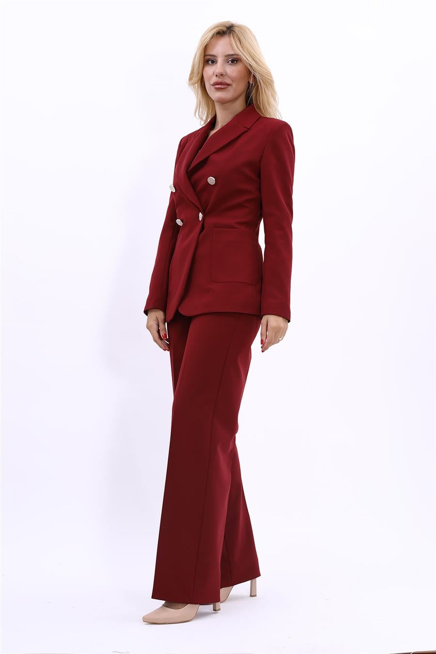 Cepli Şık Blazer Ceket &  Bol Paça Pantolon Kadın Takım Elbise-Bordo Önder Özsoy 1162520 Pantolon Ceket Takım