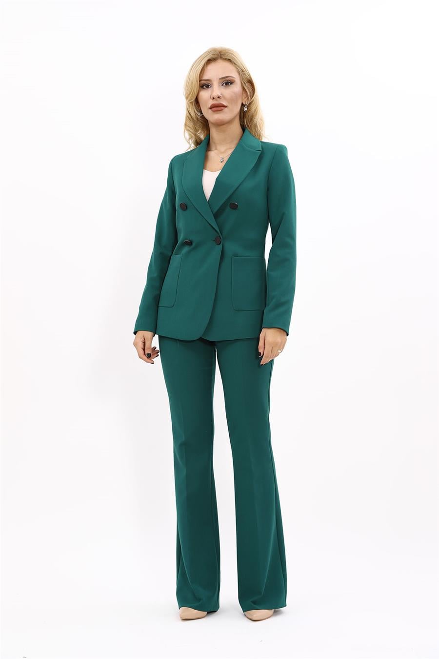 Cepli Şık Blazer Ceket  &  İspanyol Paça Pantolon Kadın Takım Elbise-Zümrüt Önder Özsoy 1162530 Pantolon Ceket Takım