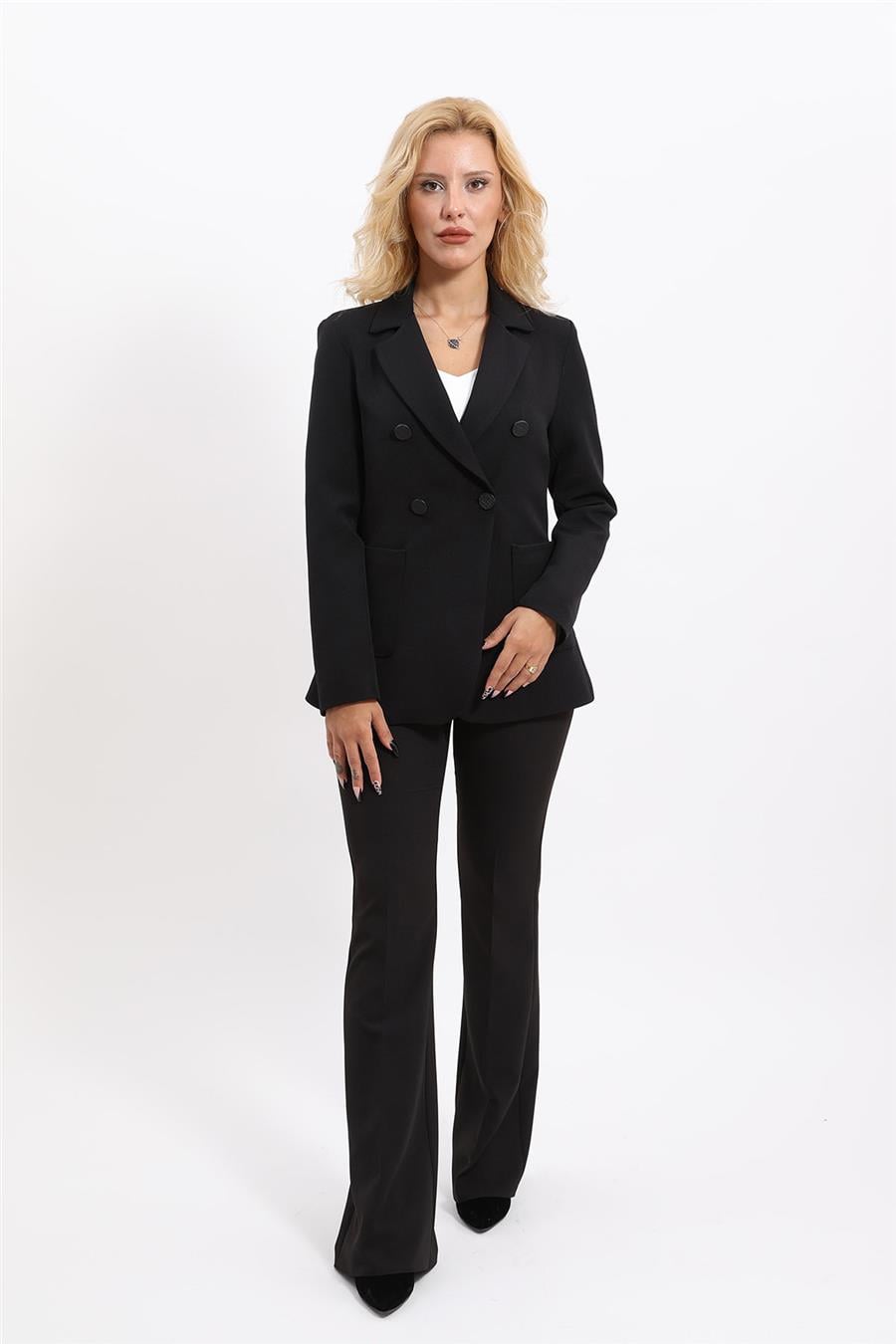 Cepli Şık Blazer Ceket  &  İspanyol Paça Pantolon Kadın Takım Elbise-Siyah Önder Özsoy 1162530 Pantolon Ceket Takım