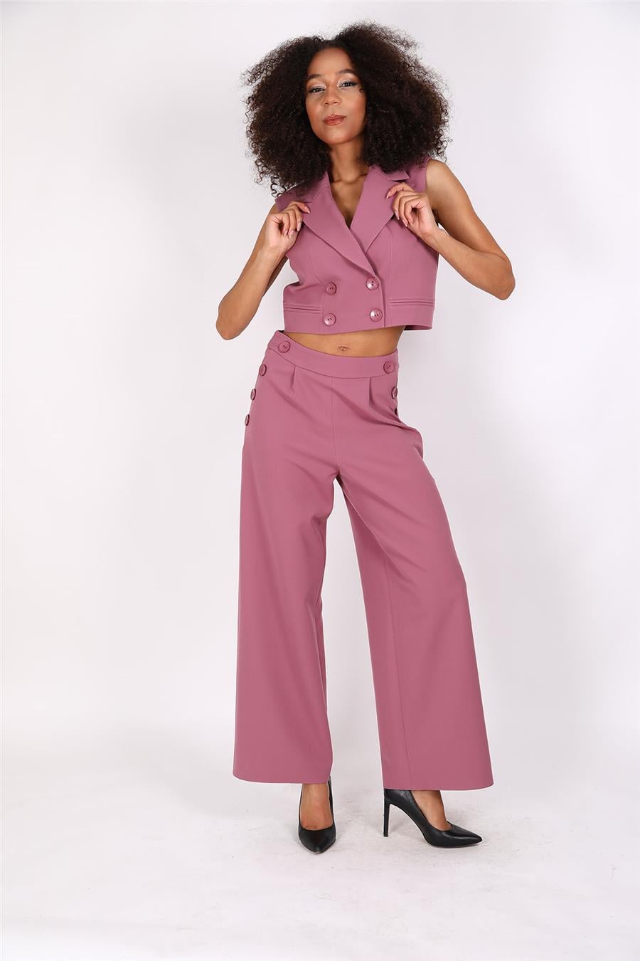 Crop Yelek & Düğmeli Bol Paça Pantolon Takım-Rose Önder Özsoy 1524531 Yelek Takım
