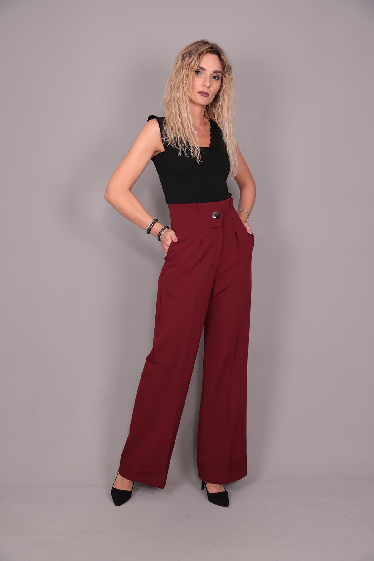 Duble Paça Yüksek Bel Pantolon-Bordo Önder Özsoy 5029100 Pantolon