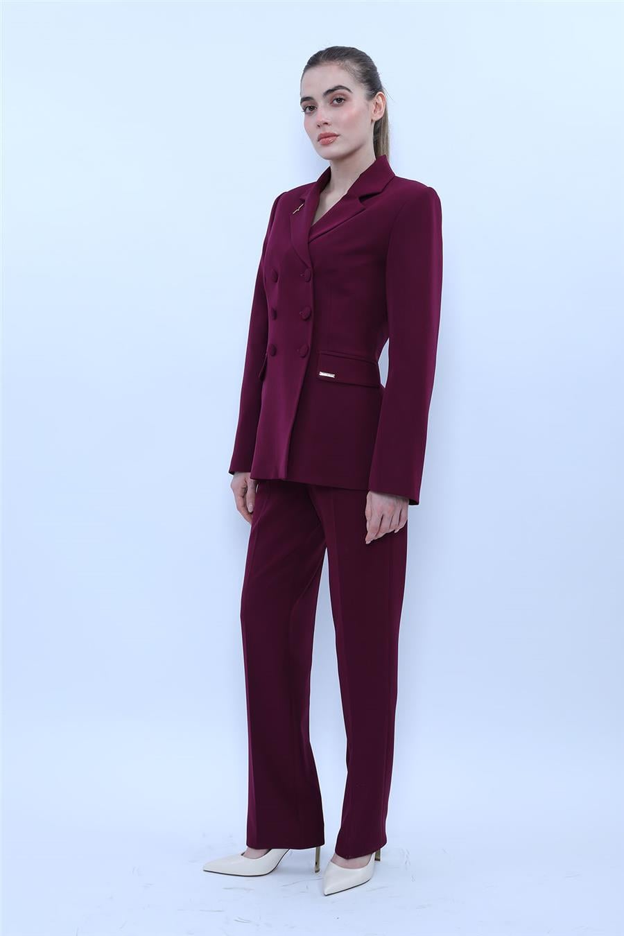 Düğmeli Klasik Blazer Ceket & Cepli Boru Paça Pantolon Kadın Takım Elbise-Mürdüm Önder Özsoy 1181505 Pantolon Ceket Takım