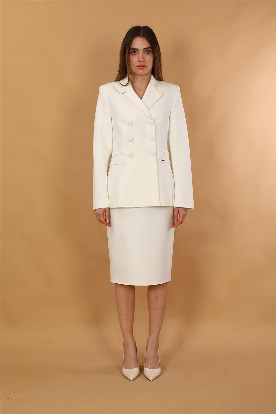 Erkek Yaka Blazer Ceket & Düz Dar Etek-Beyaz Önder Özsoy 1081540 Etek Ceket Takım