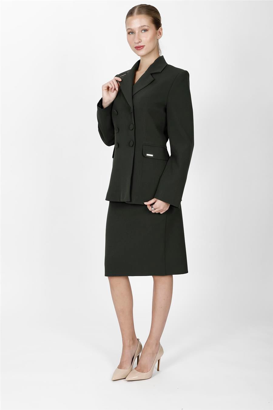 Erkek Yaka Blazer Ceket & Düz Dar Etek-Haki Önder Özsoy 1081540 Etek Ceket Takım
