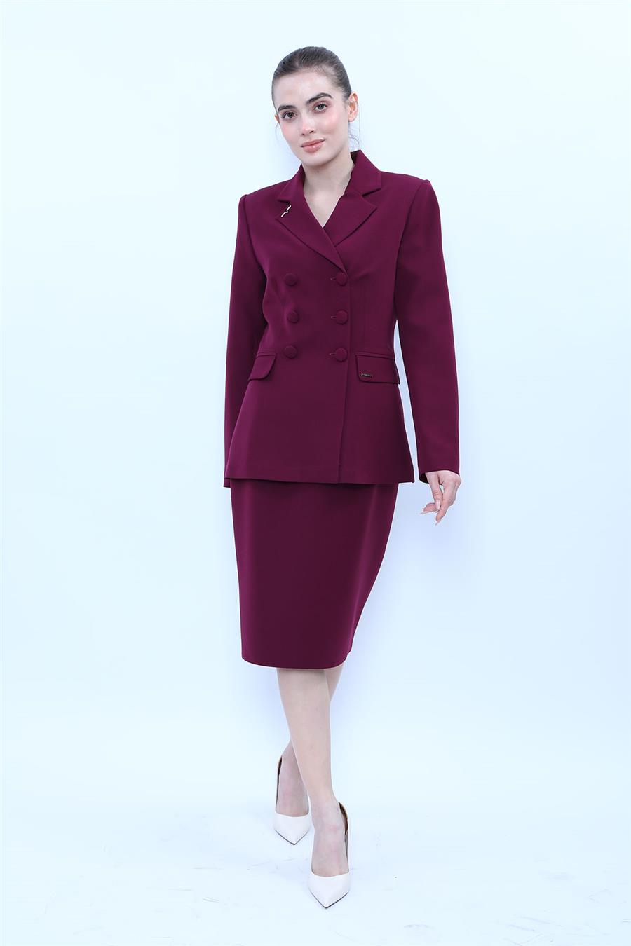 Erkek Yaka Blazer Ceket & Düz Dar Etek-Mürdüm Önder Özsoy 1081540 Etek Ceket Takım