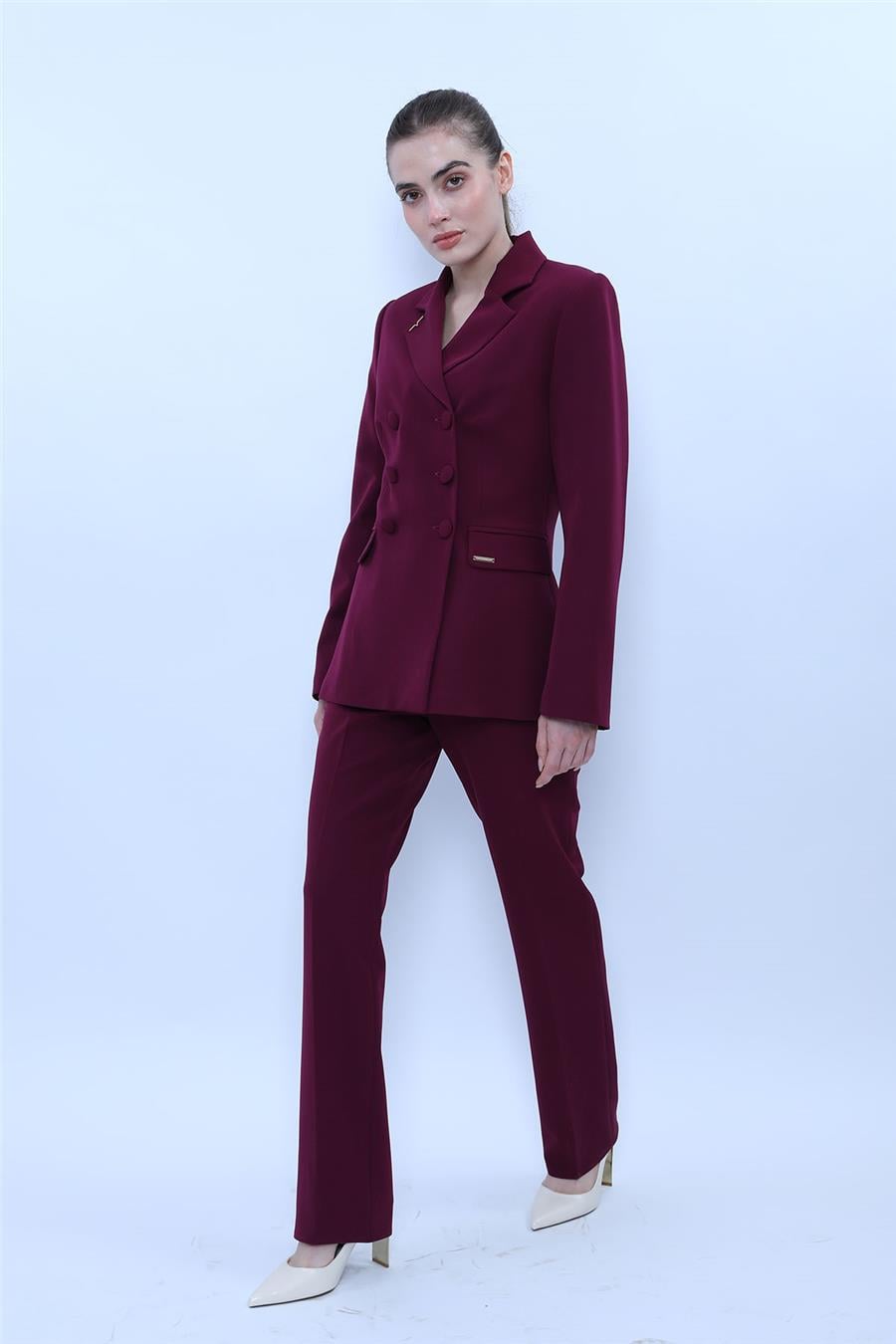 Erkek Yaka Blazer Ceket &  Kemerli Boru Paça Pantolon-Mürdüm Önder Özsoy 1081505 Pantolon Ceket Takım