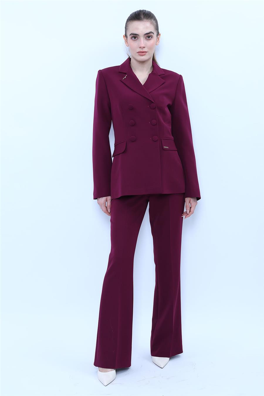 Erkek Yaka Blazer Ceket & Kemerli İspanyol Paça Pantolon-Mürdüm Önder Özsoy 1081506 Pantolon Ceket Takım
