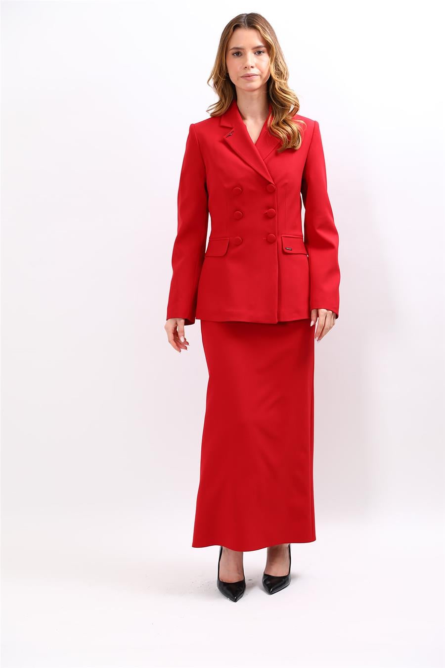 Erkek Yaka Blazer Ceket & Uzun Düz Dar Etek-Kırmızı Önder Özsoy 1081553 Etek Ceket Takım