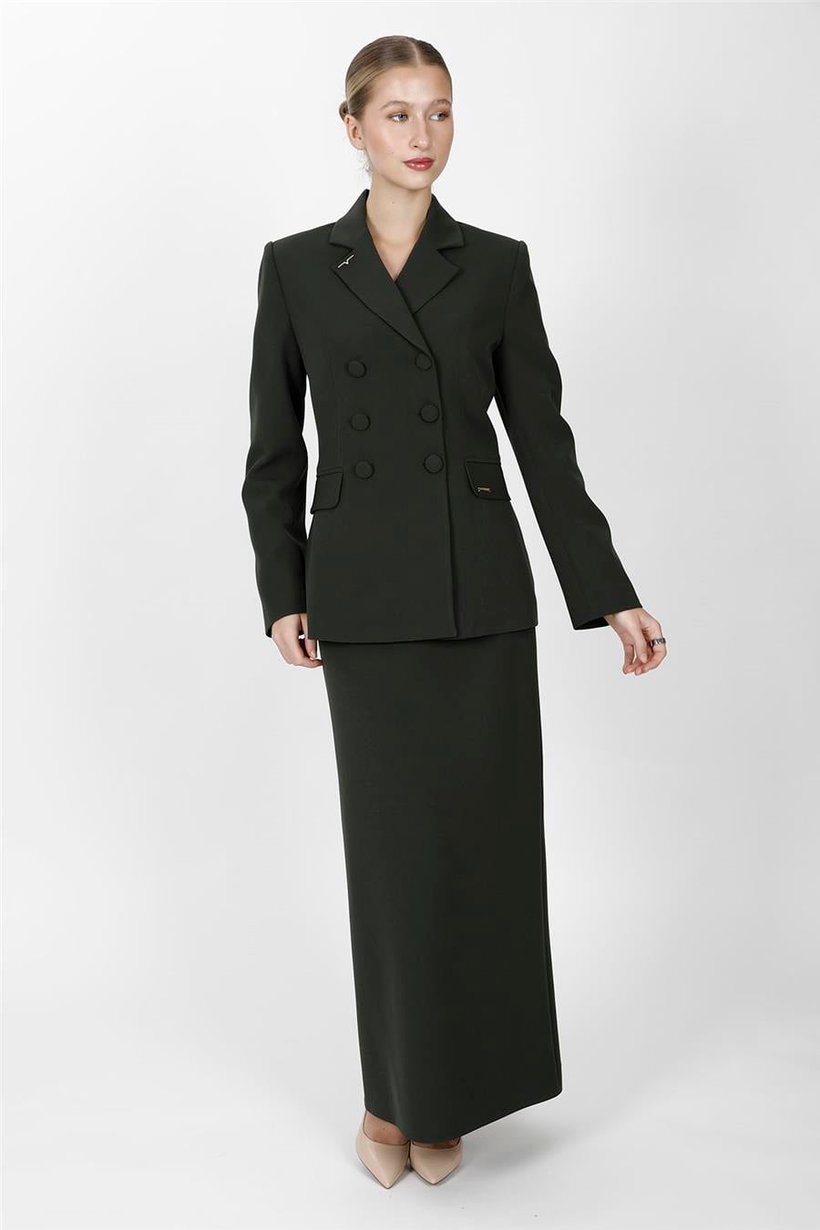 Erkek Yaka Blazer Ceket & Uzun Düz Dar Etek-Haki Önder Özsoy 1081553 Etek Ceket Takım