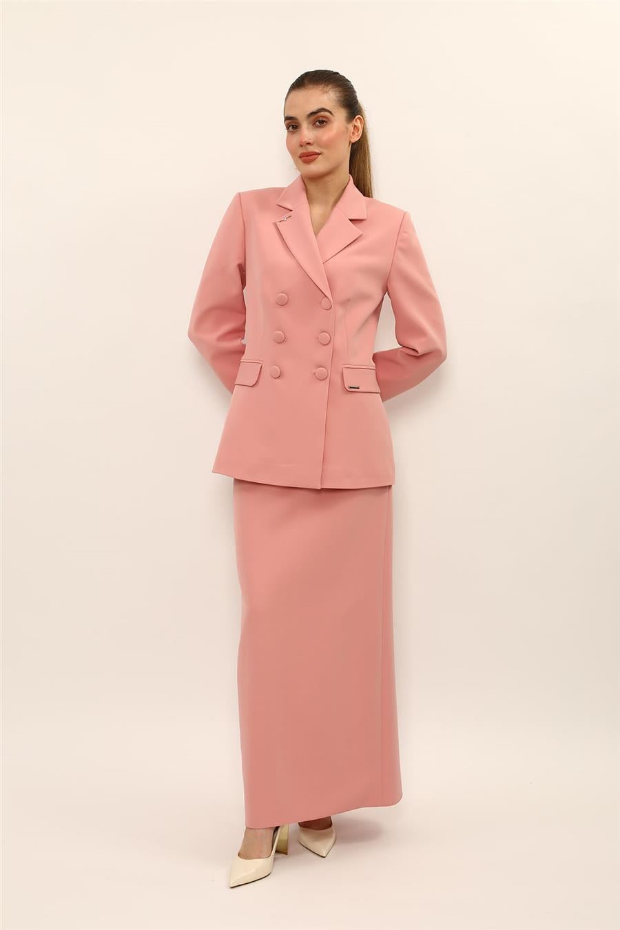 Erkek Yaka Blazer Ceket & Uzun Düz Dar Etek-Pudra Önder Özsoy 1081553 Etek Ceket Takım