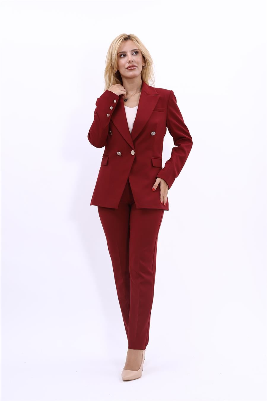 Erkek Yaka  Çapraz Ceket & Dar Paça Pantolon-Bordo Önder Özsoy 1047510 Kurvaze Çapraz Ceket & Boru Paça Pantolon Takım