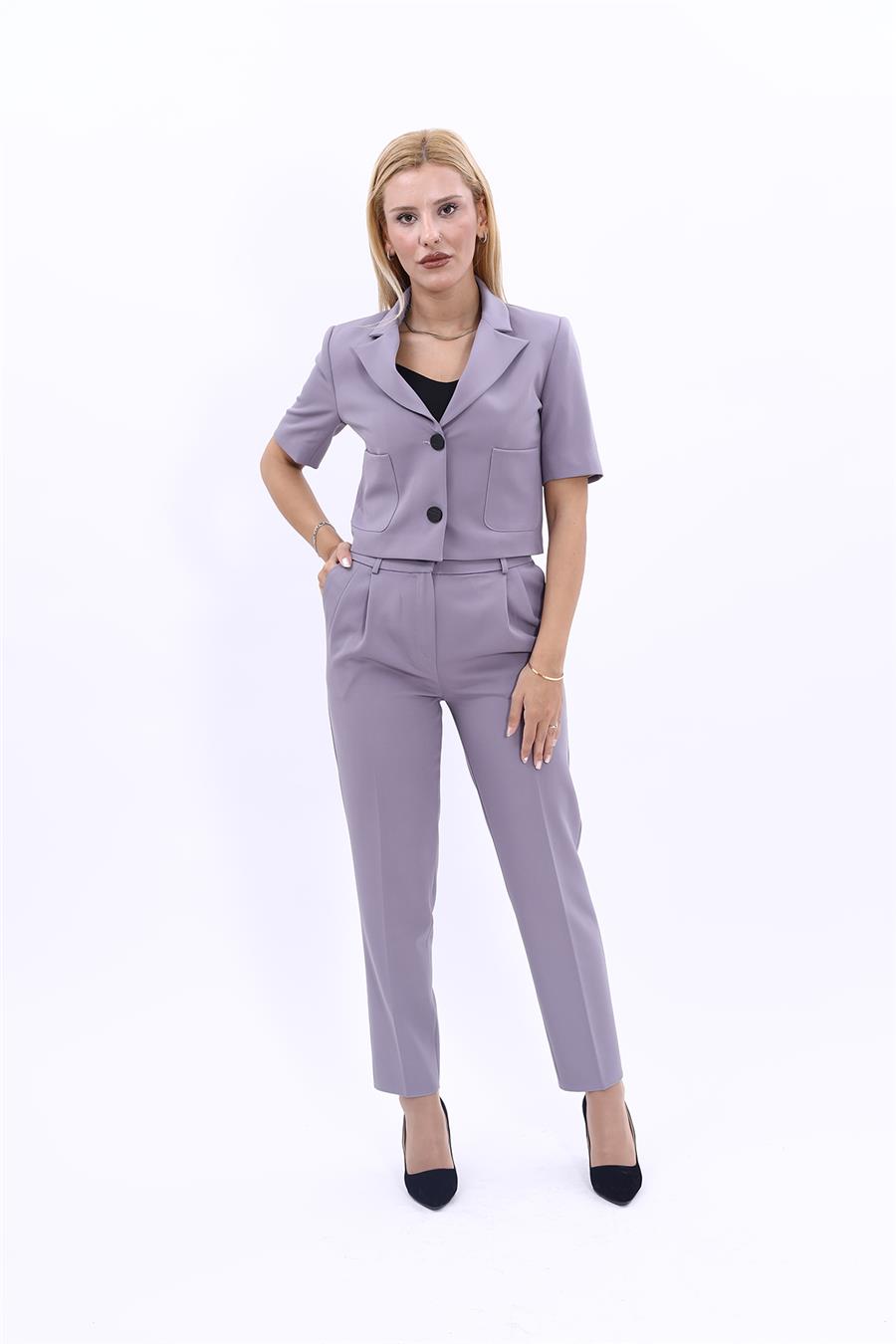 Erkek Yaka Kısa Ceket &  Kemerli Köprülü Dar Paça Pantolon-Antrasit Önder Özsoy 1053503 Kısa Kollu Yakalı  Mini Ceket & Pileli Boru Paça Pantolon Takım