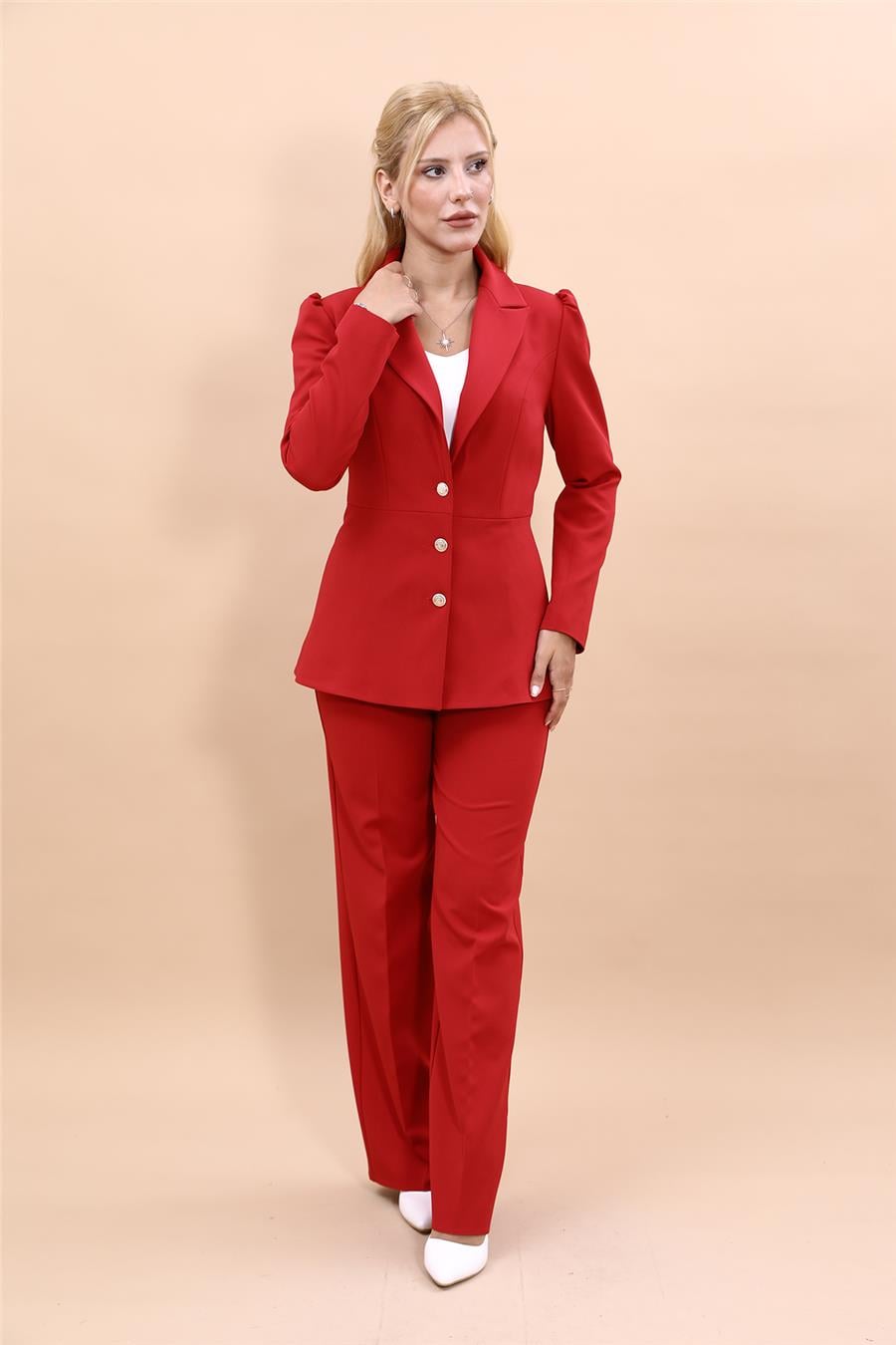 Erkek Yaka Kolu Büzgülü Ceket & Bol Paça Pantolon-Kırmızı Önder Özsoy 1063520 Midi Boy Drape Kol Ceket & Bol Paça Pantolon Takım