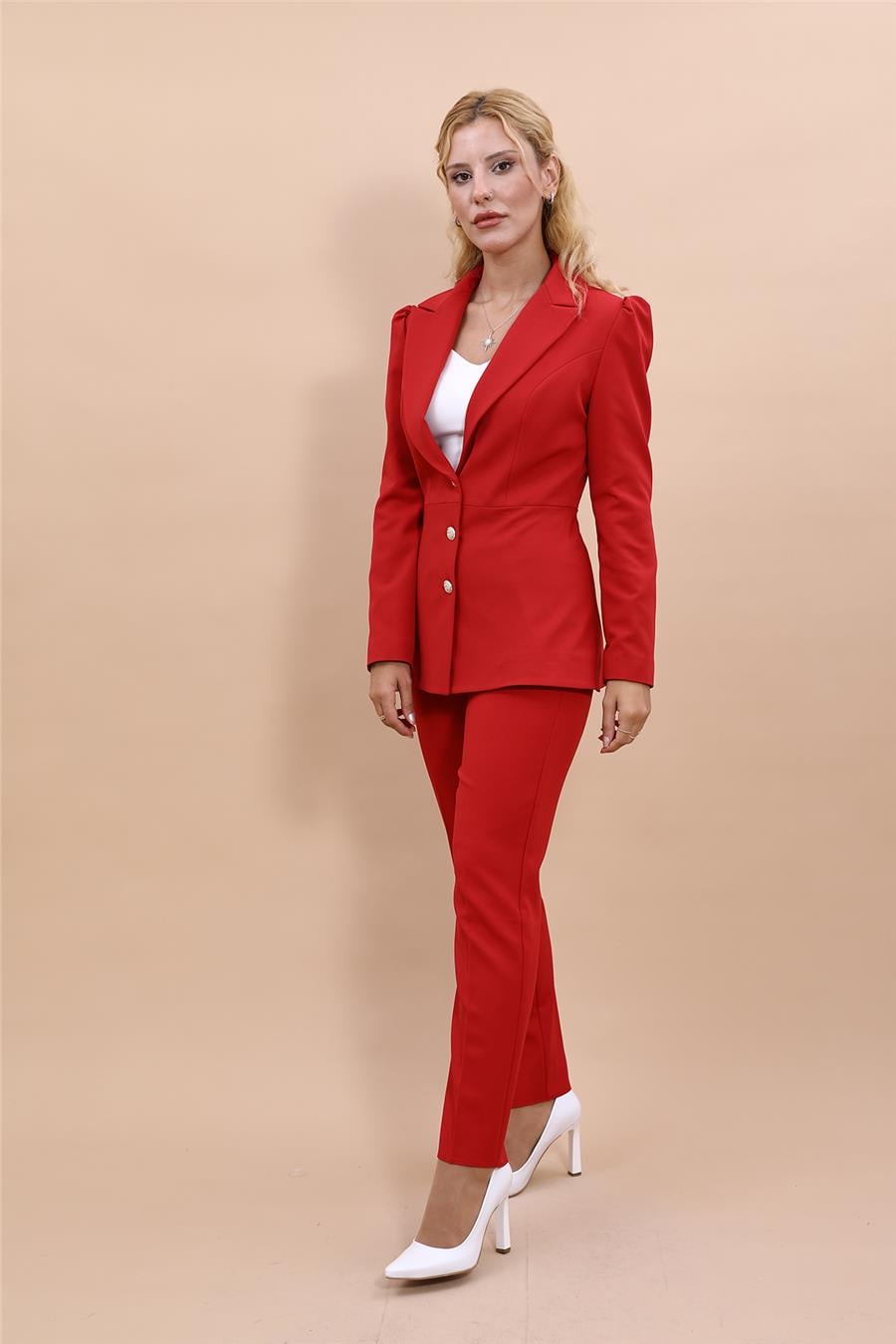 Erkek Yaka Kolu Büzgülü Ceket & Dar Paça Pantolon-Kırmızı Önder Özsoy 1063510 Midi Boy Drape Kol Ceket & Boru Paça Pantolon Takım