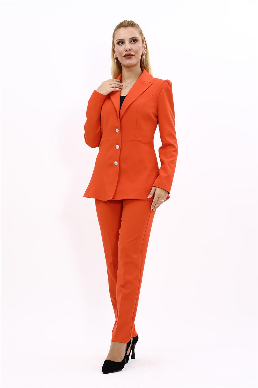 Erkek Yaka Kolu Büzgülü Ceket & Dar Paça Pantolon-Turuncu Önder Özsoy 1063510 Midi Boy Drape Kol Ceket & Boru Paça Pantolon Takım