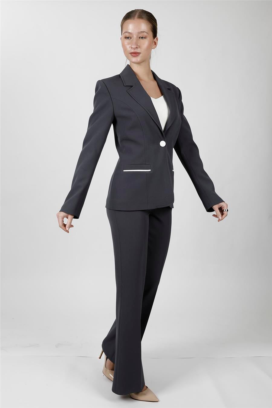 Erkek Yaka Konbinli Tek Düğme Ceket & Kemerli İspanyol Paça Pantolon-Füme Önder Özsoy 1086506 Pantolon Ceket Takım