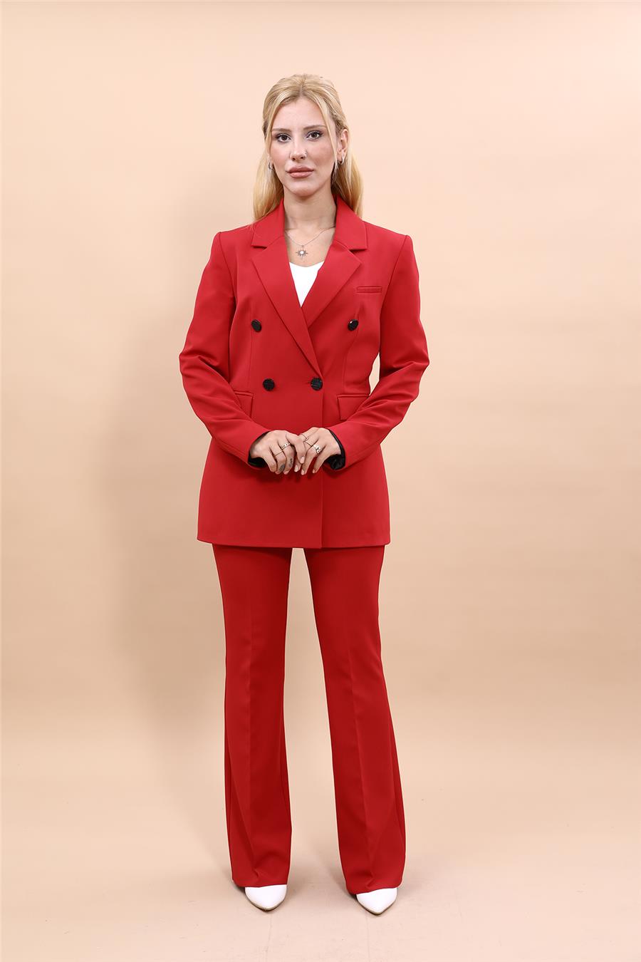 Erkek Yaka Kruvaze Blazer Ceket & İspanyol Paça Pantolon Kadın Takım Elbise -Kırmızı Önder Özsoy 1134530 Pantolon Ceket Takım