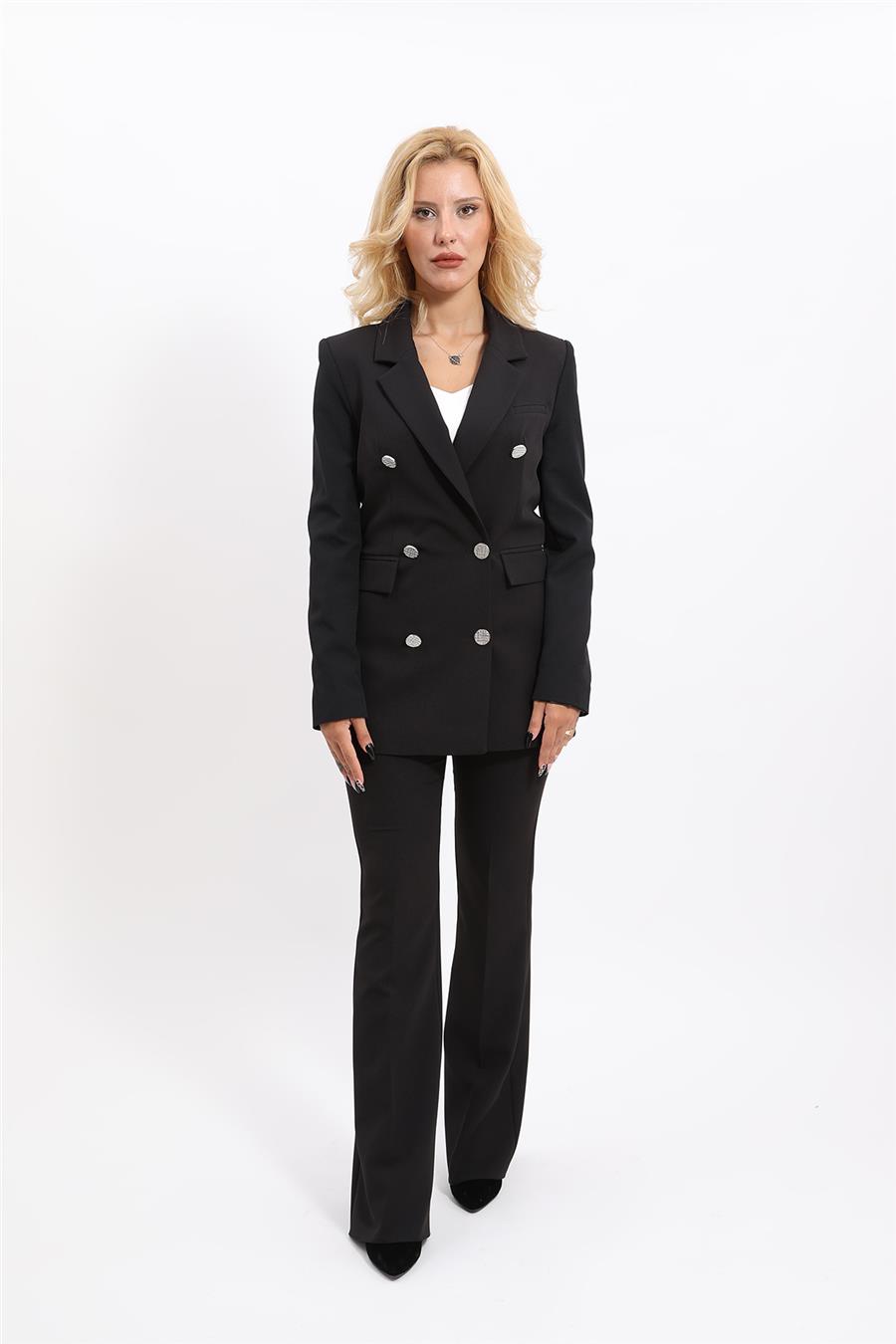 Erkek Yaka Kruvaze Blazer Ceket & İspanyol Paça Pantolon Kadın Takım Elbise -Siyah Önder Özsoy 1134530 Pantolon Ceket Takım