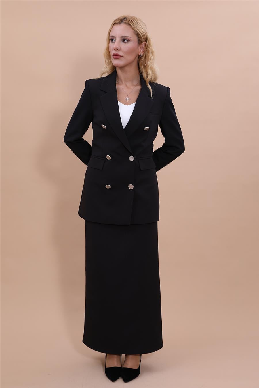 Erkek Yaka Kruvaze Blazer Ceket & Uzun Kalem Etek Kadın Takım Elbise-Siyah Önder Özsoy 1134553 Etek Ceket Takım