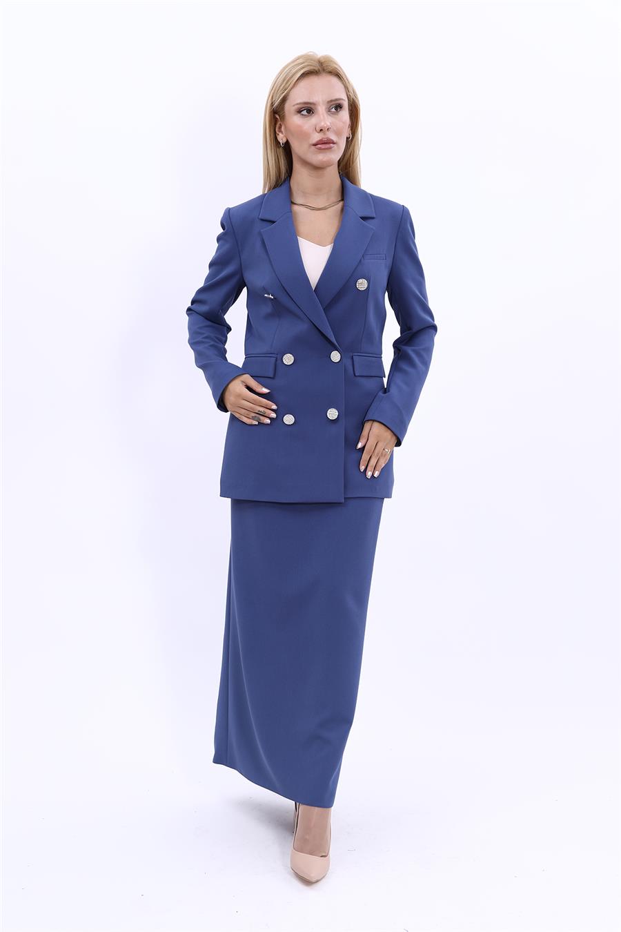 Erkek Yaka Kruvaze Blazer Ceket & Uzun Kalem Etek Kadın Takım Elbise-İndigo Önder Özsoy 1134553 Etek Ceket Takım