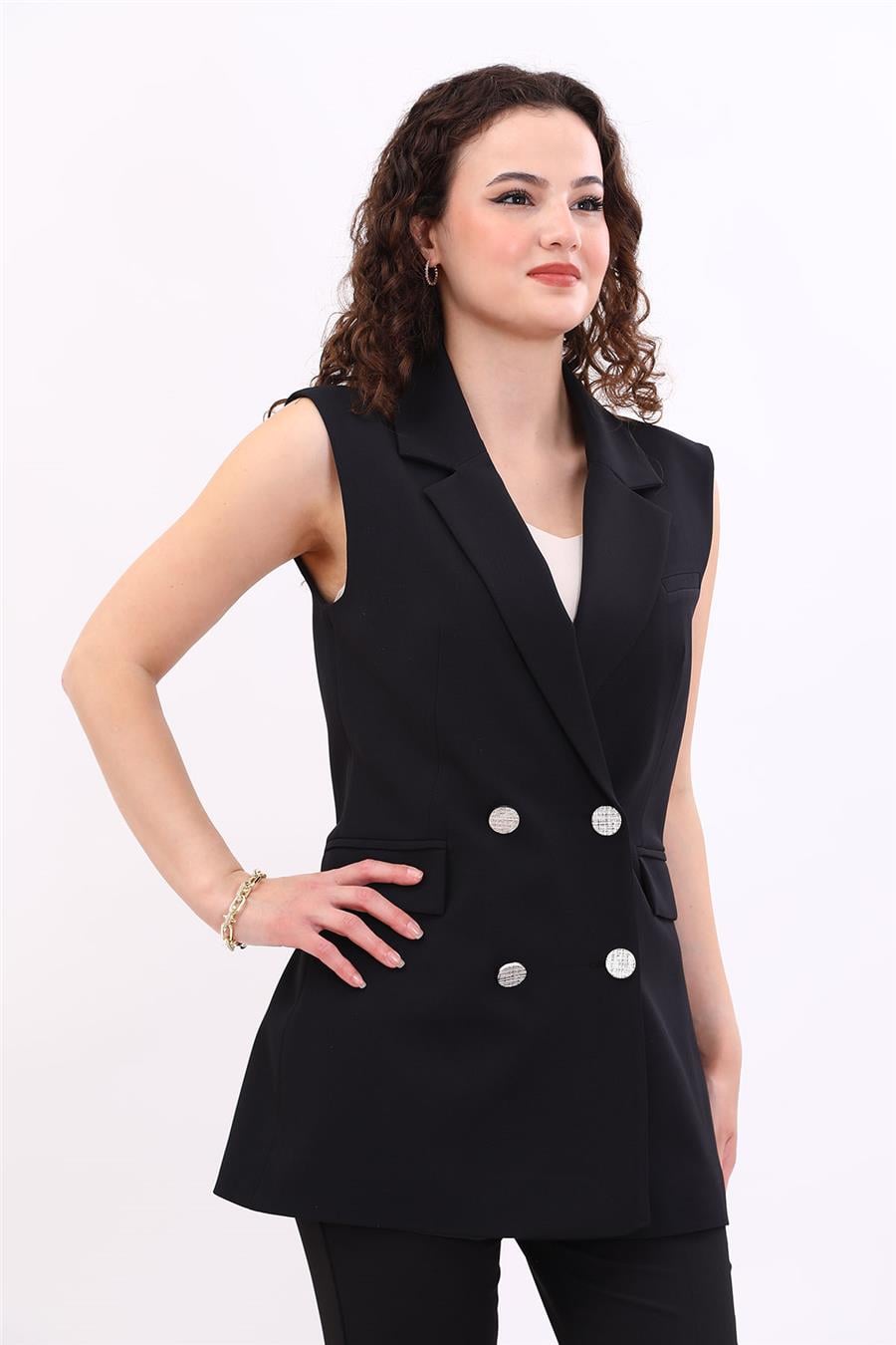 Erkek Yaka Kruvaze Blazer Kadın Yelek -Siyah Önder Özsoy 1623100 Uzun Yelek