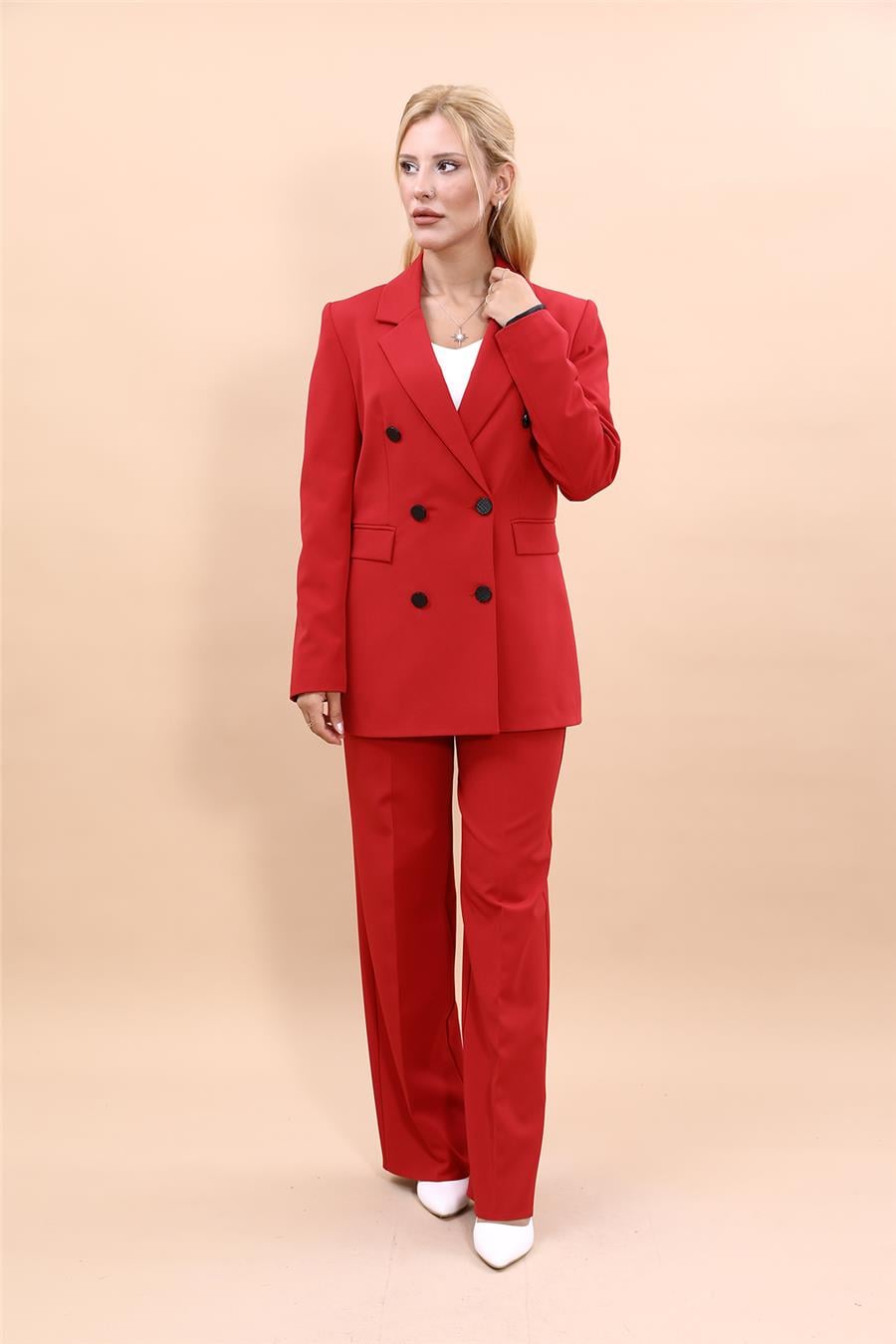 Erkek Yaka Kuruvaze Blazer Ceket & Bol Paça Pantolon-Kırmızı Önder Özsoy 1034520 Blazer Ceket & Bol Paça Pantolon Takım
