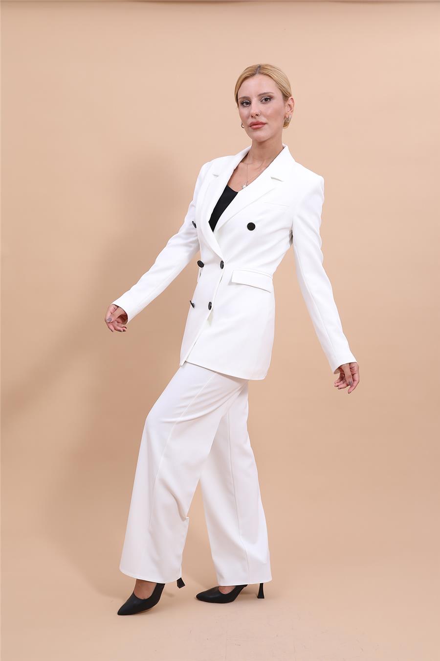 Erkek Yaka Kuruvaze Blazer Ceket & Bol Paça Pantolon-Beyaz Önder Özsoy 1034520 Blazer Ceket & Bol Paça Pantolon Takım