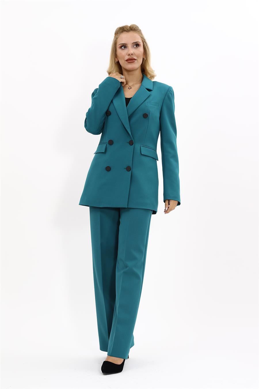 Erkek Yaka Kuruvaze Blazer Ceket & Bol Paça Pantolon-Petrol Önder Özsoy 1034520 Blazer Ceket & Bol Paça Pantolon Takım