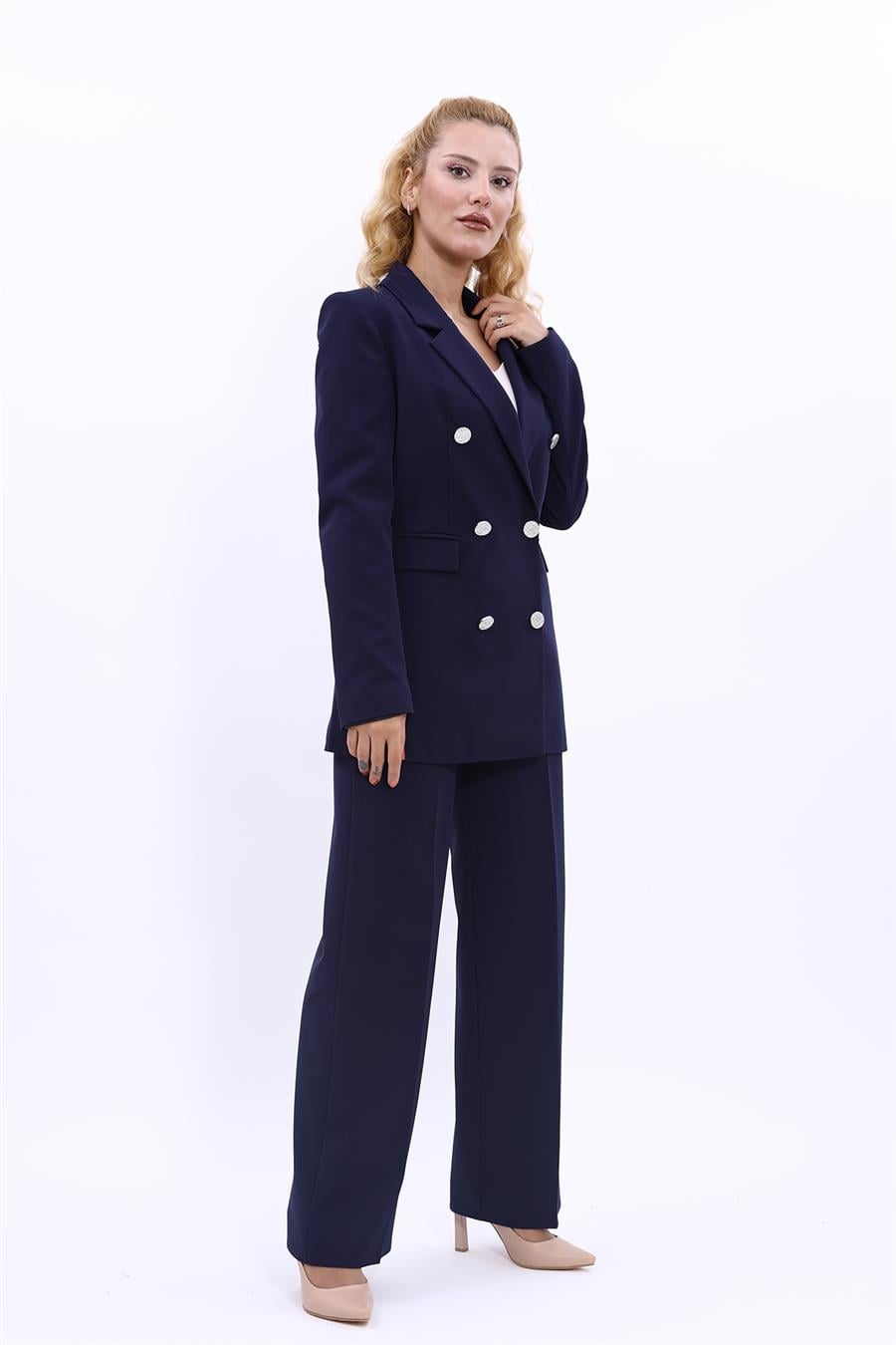 Erkek Yaka Kuruvaze Blazer Ceket & Bol Paça Pantolon-Lacivert Önder Özsoy 1034520 Blazer Ceket & Bol Paça Pantolon Takım