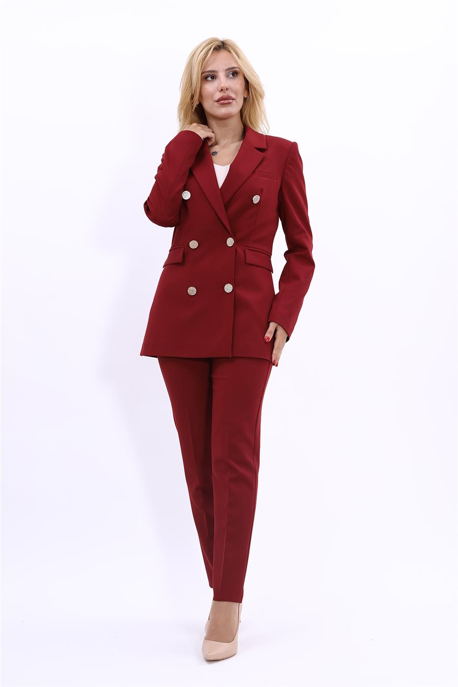 Erkek Yaka Kuruvaze Blazer Ceket & Dar Paça Pantolon-Bordo Önder Özsoy 1034510 Blazer Ceket & Boru Paça Pantolon Takım