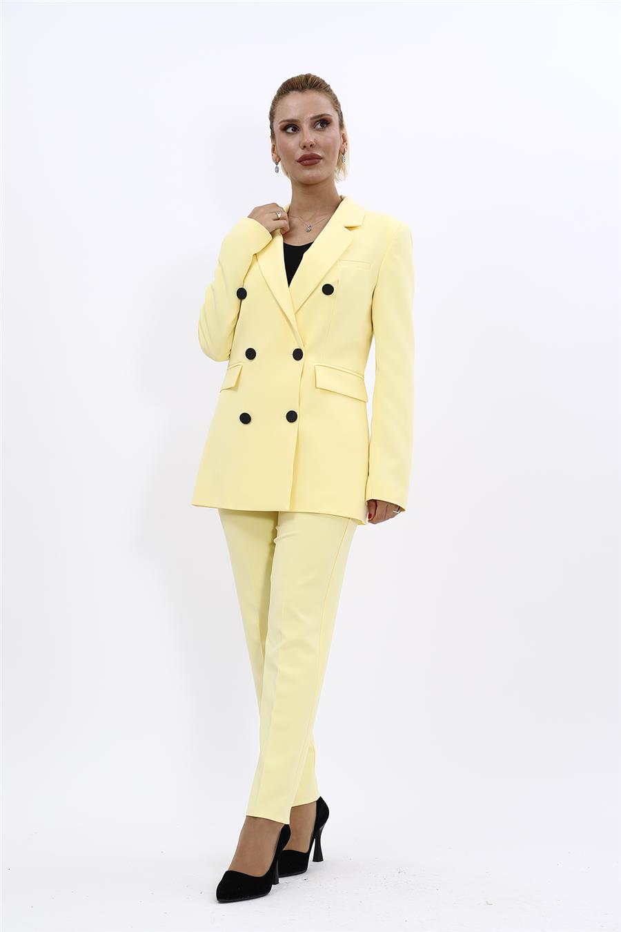 Erkek Yaka Kuruvaze Blazer Ceket & Dar Paça Pantolon-Sarı Önder Özsoy 1034510 Blazer Ceket & Boru Paça Pantolon Takım