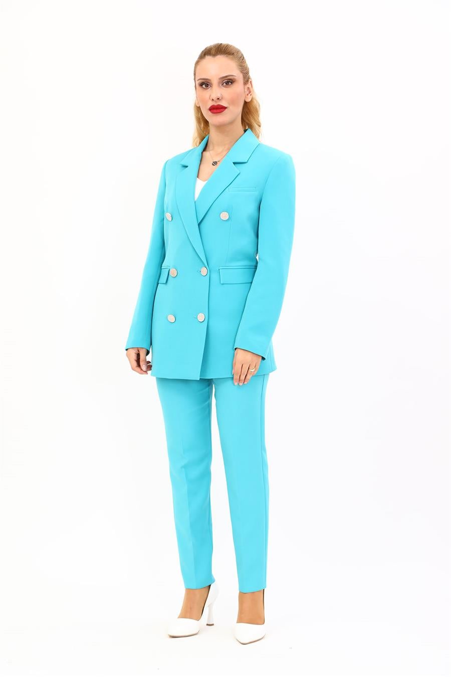 Erkek Yaka Kuruvaze Blazer Ceket & Dar Paça Pantolon-Turkuaz Önder Özsoy 1034510 Blazer Ceket & Boru Paça Pantolon Takım