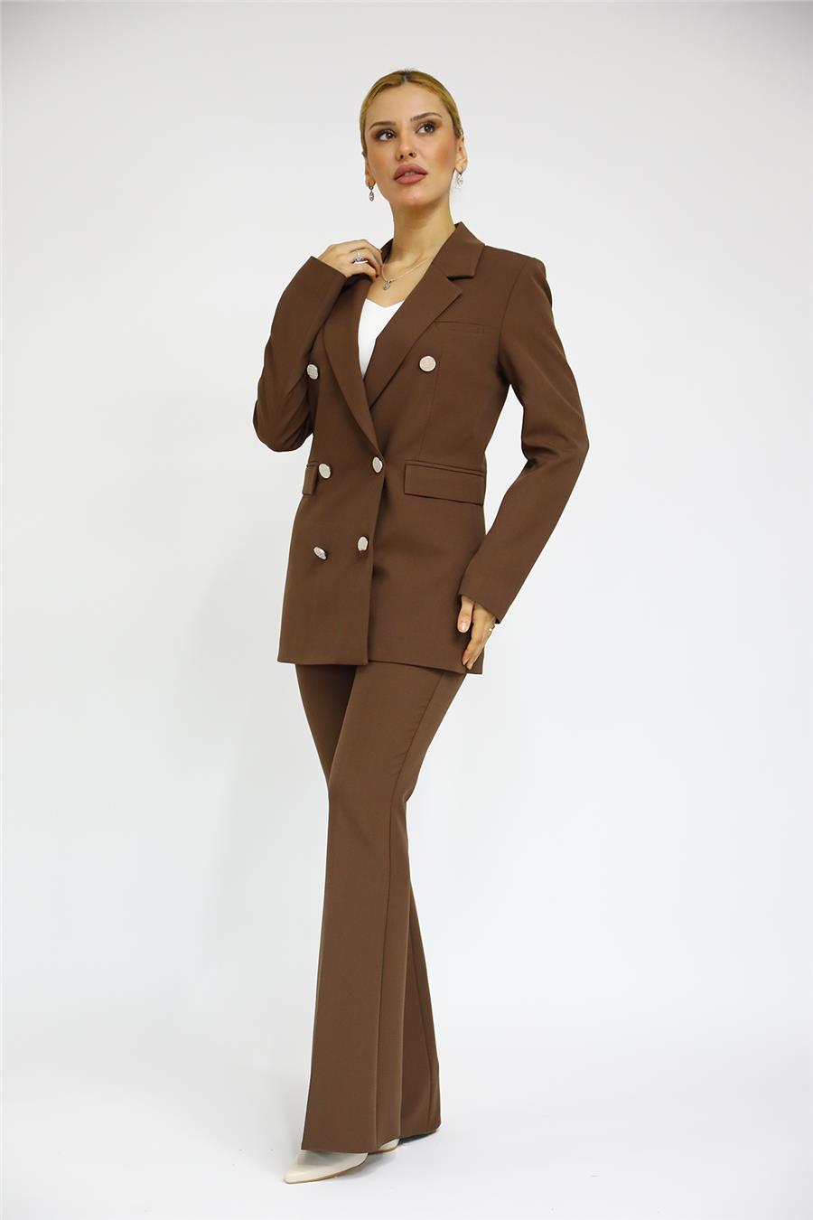 Erkek Yaka Kuruvaze Blazer Ceket & İspanyol Paça Pantolon-Kestane Önder Özsoy 1034530 Blazer Ceket & İspanyol  Paça Pantolon Takım