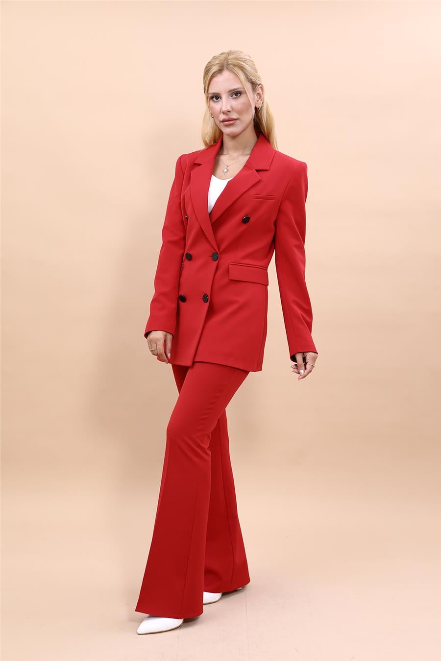 Erkek Yaka Kuruvaze Blazer Ceket & İspanyol Paça Pantolon-Kırmızı Önder Özsoy 1034530 Blazer Ceket & İspanyol  Paça Pantolon Takım
