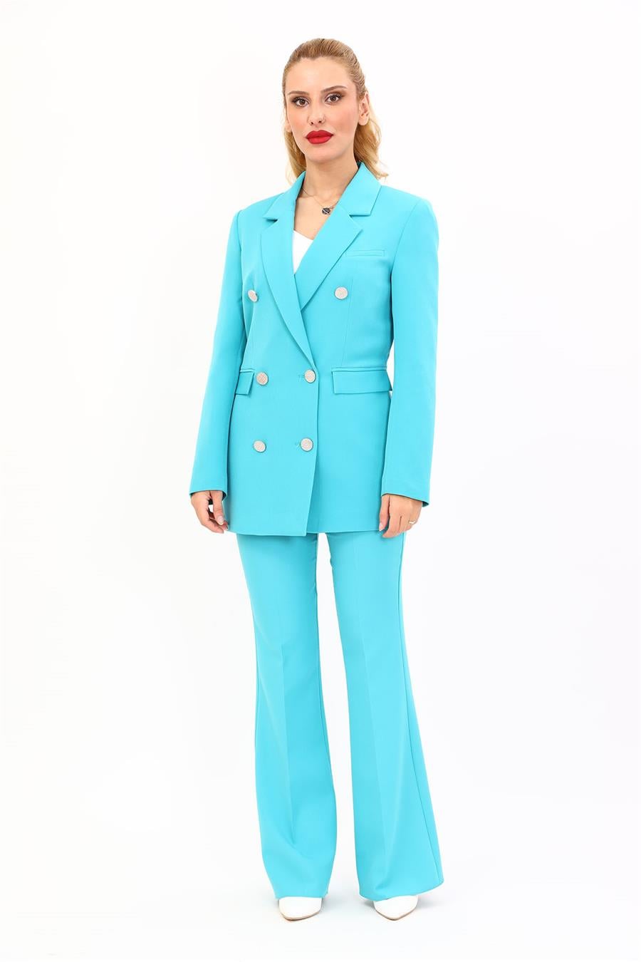 Erkek Yaka Kuruvaze Blazer Ceket & İspanyol Paça Pantolon-Turkuaz Önder Özsoy 1034530 Blazer Ceket & İspanyol  Paça Pantolon Takım