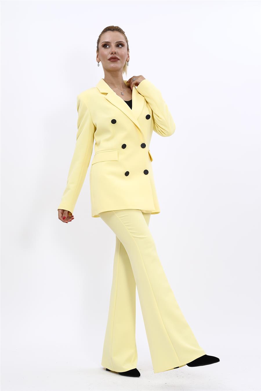 Erkek Yaka Kuruvaze Blazer Ceket & İspanyol Paça Pantolon-Sarı Önder Özsoy 1034530 Blazer Ceket & İspanyol  Paça Pantolon Takım