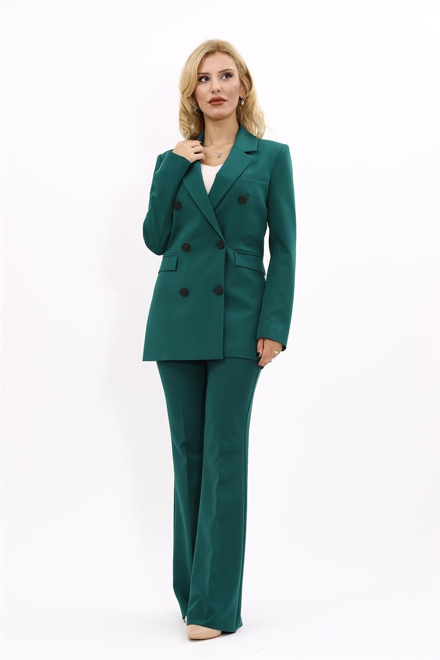 Erkek Yaka Kuruvaze Blazer Ceket & İspanyol Paça Pantolon-Zümrüt Önder Özsoy 1034530 Blazer Ceket & İspanyol  Paça Pantolon Takım