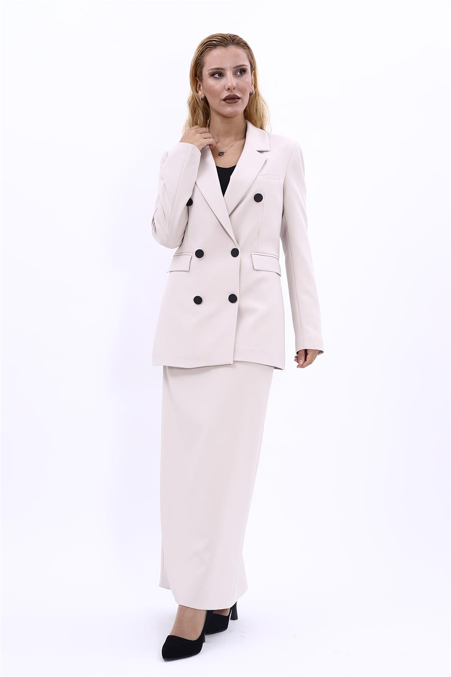 Erkek Yaka Kuruvaze Blazer Ceket & Uzun Düz Dar Etek-Bej Önder Özsoy 1034553 Blazer Ceket & Uzun Kalem Etek Takım