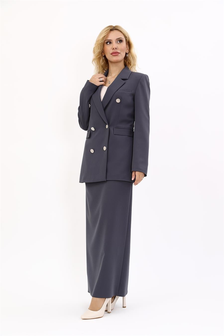 Erkek Yaka Kuruvaze Blazer Ceket & Uzun Düz Dar Etek-Füme Önder Özsoy 1034553 Blazer Ceket & Uzun Kalem Etek Takım