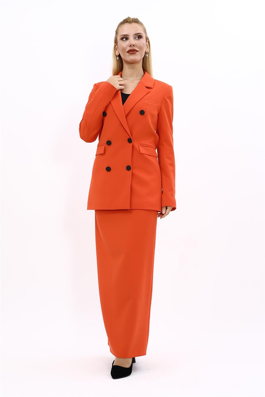 Erkek Yaka Kuruvaze Blazer Ceket & Uzun Düz Dar Etek-Turuncu Önder Özsoy 1034553 Blazer Ceket & Uzun Kalem Etek Takım