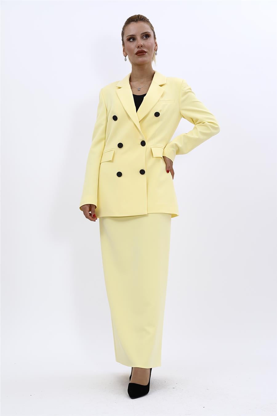 Erkek Yaka Kuruvaze Blazer Ceket & Uzun Düz Dar Etek-Sarı Önder Özsoy 1034553 Blazer Ceket & Uzun Kalem Etek Takım