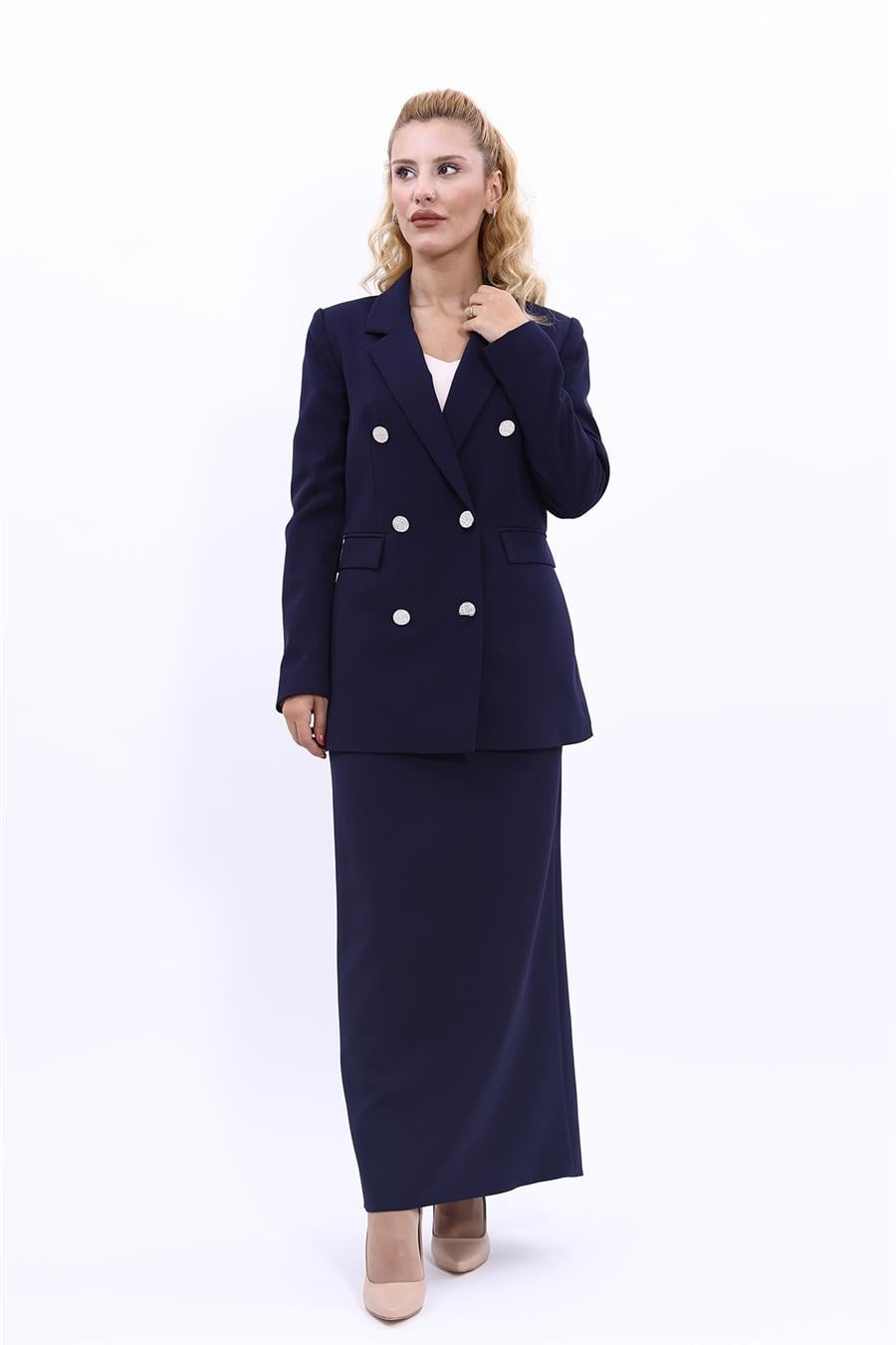 Erkek Yaka Kuruvaze Blazer Ceket & Uzun Düz Dar Etek-Lacivert Önder Özsoy 1034553 Blazer Ceket & Uzun Kalem Etek Takım