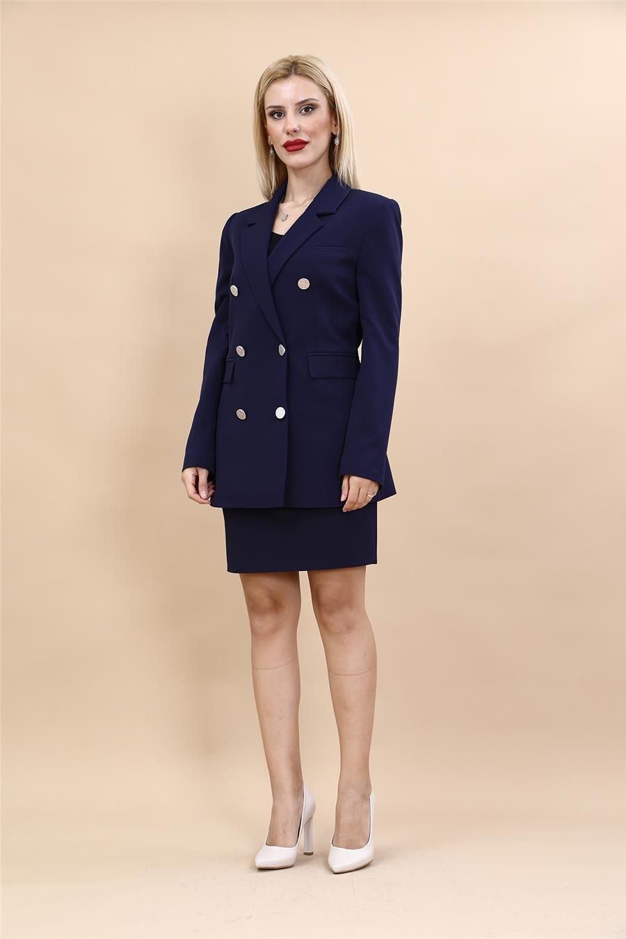Erkek Yaka Kuruvaze Blazer Ceket & Yırtmaçlı Düz Dar Etek-Lacivert Önder Özsoy 1034502 Blazer Ceket & Kısa Kalem Etek Takım