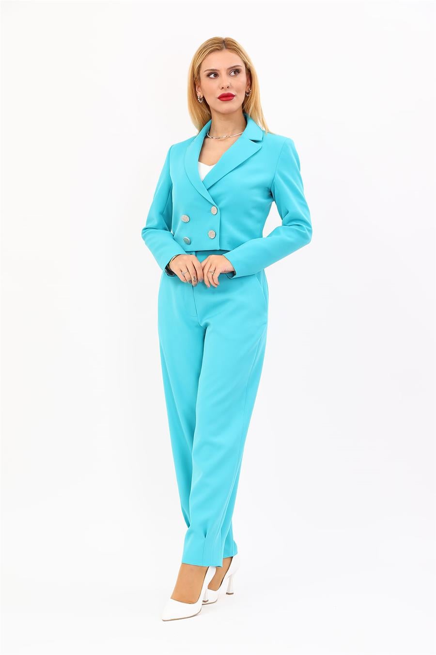 Erkek Yaka Kuruvaze Kısa Ceket & Paçası Pileli Pantolon-Turkuaz Önder Özsoy 1048532 Mini Blazer Ceket & Pileli Paça Pantolon Takım