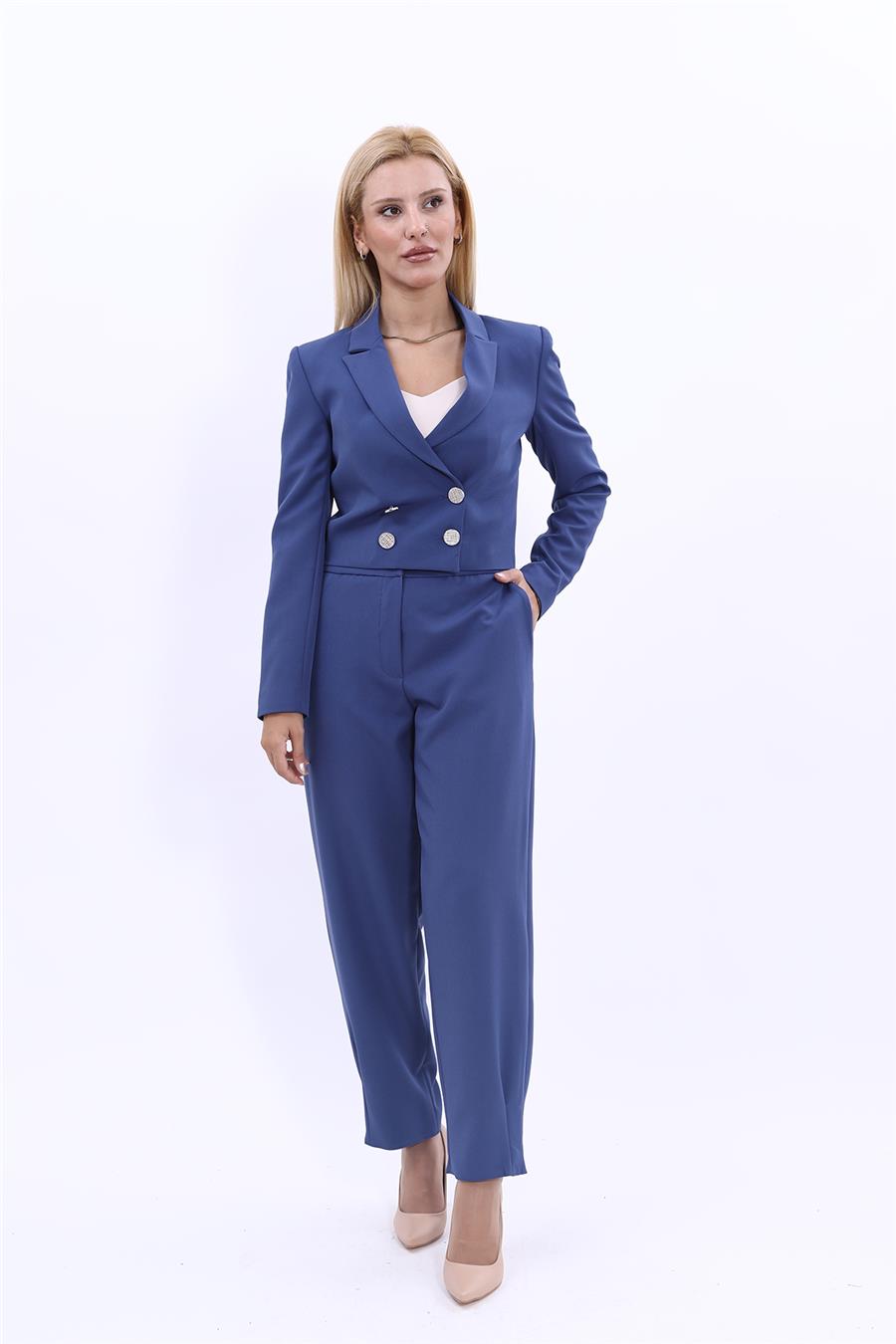 Erkek Yaka Kuruvaze Kısa Ceket & Paçası Pileli Pantolon-İndigo Önder Özsoy 1048532 Mini Blazer Ceket & Pileli Paça Pantolon Takım