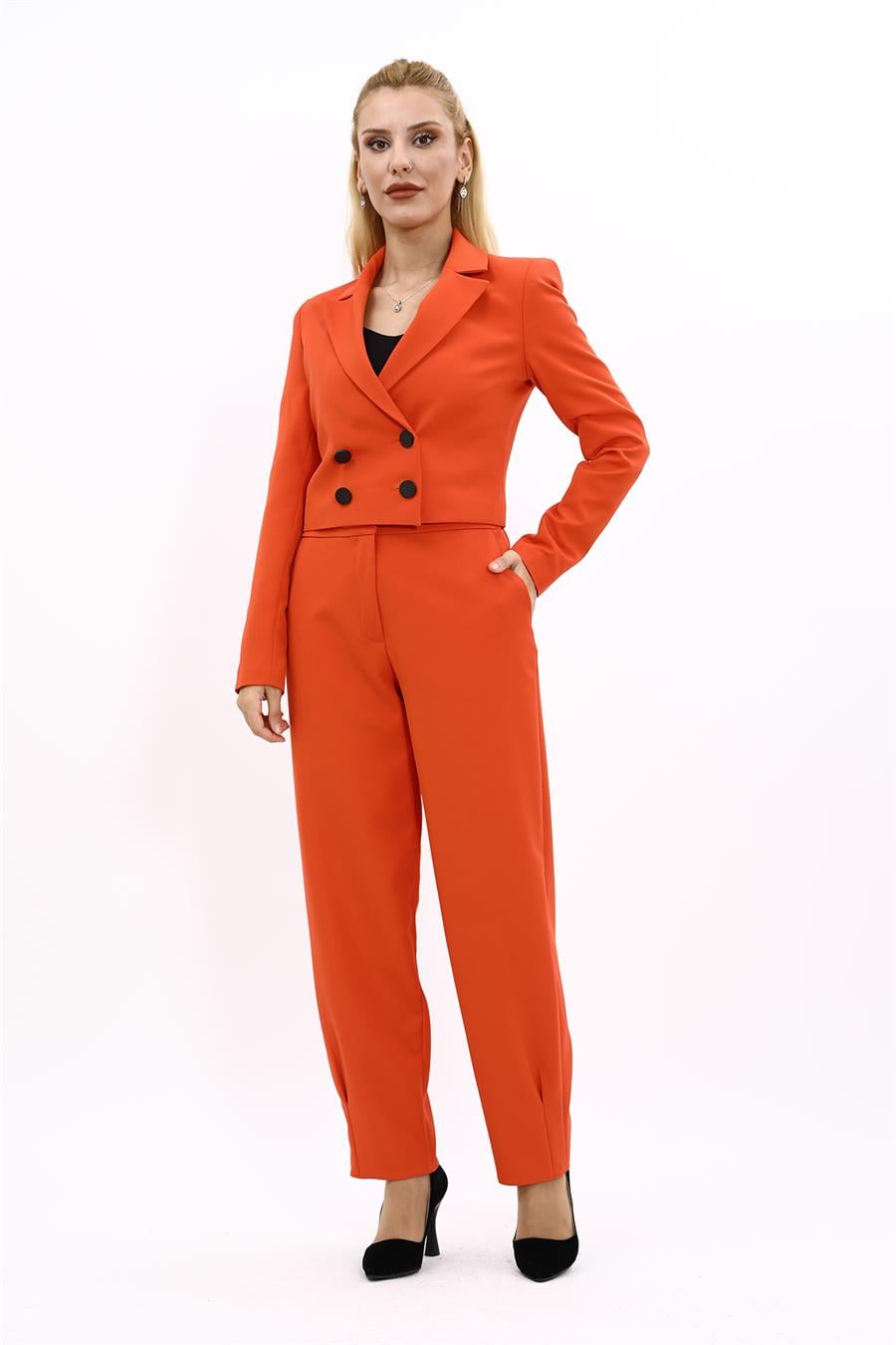 Erkek Yaka Kuruvaze Kısa Ceket & Paçası Pileli Pantolon-Turuncu Önder Özsoy 1048532 Mini Blazer Ceket & Pileli Paça Pantolon Takım