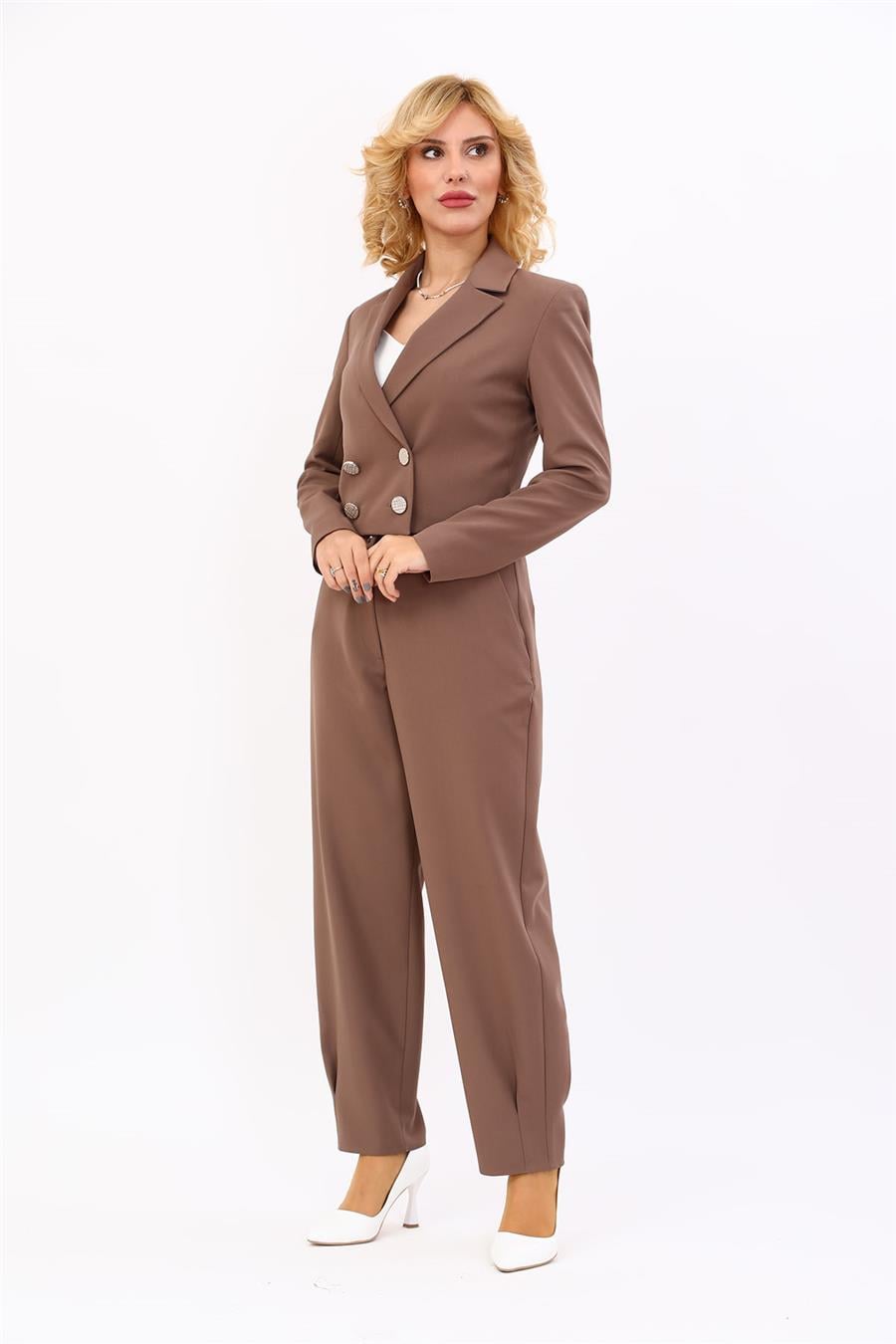 Erkek Yaka Kuruvaze Kısa Ceket & Paçası Pileli Pantolon-Kahve Önder Özsoy 1048532 Mini Blazer Ceket & Pileli Paça Pantolon Takım