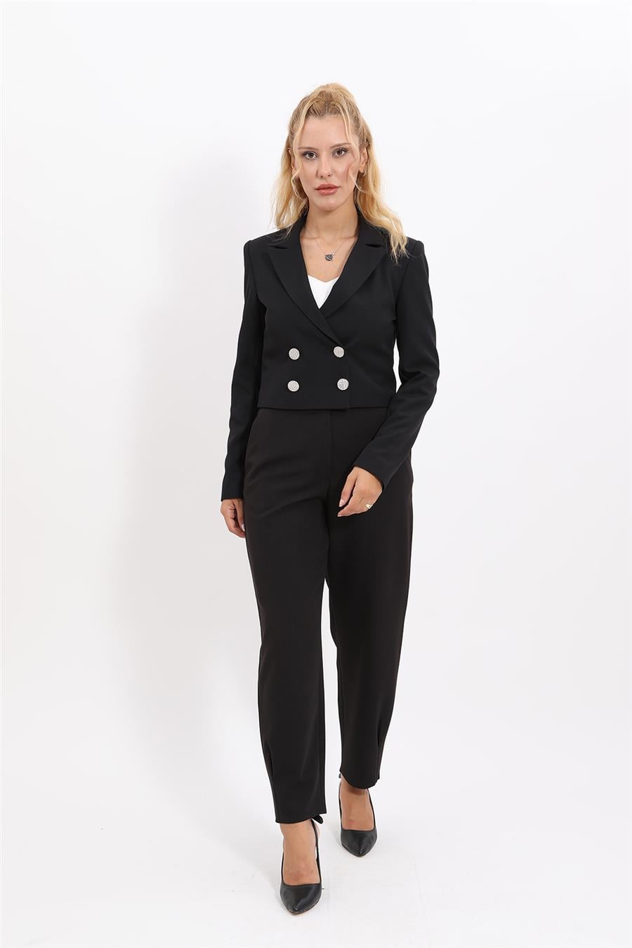 Erkek Yaka Kuruvaze Kısa Ceket & Paçası Pileli Pantolon-Siyah Önder Özsoy 1048532 Mini Blazer Ceket & Pileli Paça Pantolon Takım